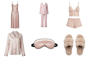 Set of long satin nightdress, pajama set with piping, sleep bralette and shorts set, button-up sleep shirt, decorative sleep mask and fluffy slippers on a transparent background