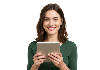 Smiling woman holding a tablet isolated on transparent background