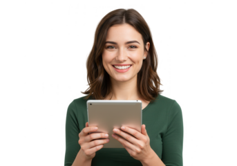Smiling woman holding a tablet isolated on transparent background