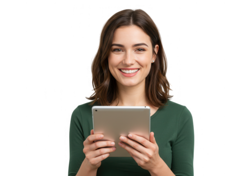 Smiling woman holding a tablet isolated on transparent background - Powered by Adobe
