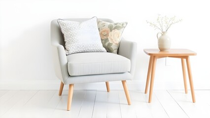 White interior wall mockup with traditional armchair, pillows, side table and blooming flowers in vase. Classical home design. 3d rendering.