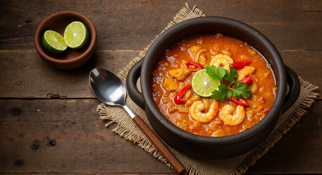 Traditional Brazilian moqueca in clay pot with vibrant homemade mood, garnished with fresh cilantro and lime, warm ambient light on rustic wooden table