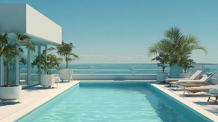 Fototapeta premium A minimalist rooftop swimming pool surrounded by glass railings, lounge chairs, lush potted plants, and ocean backdrop