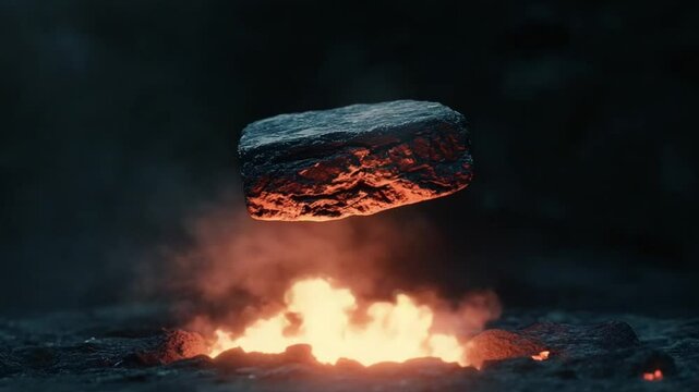 cinematic still macro shot of a special ancient mythological stone artifact floating in a black void space its slowly glowing red as though its eminating heat from within it floats in