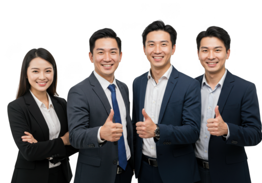Four business professionals giving thumbs up isolated on transparent background - Powered by Adobe