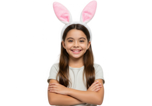 Young girl wearing bunny ears isolated on transparent background