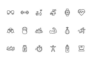 Line icons fitness sports equipment including boxing gloves dumbbell running man