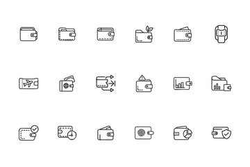 Wallet icons set with various symbols including time checkmark fingerprint charts on