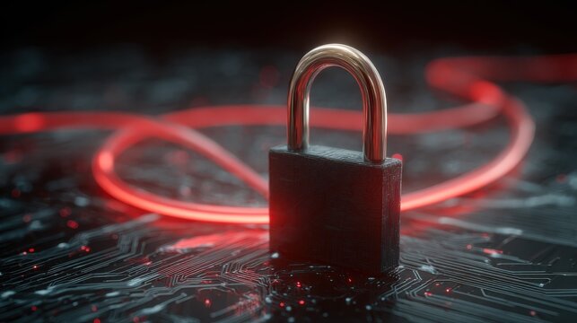 A digital padlock and red cable symbolize cybersecurity and data protection on a glowing network background.