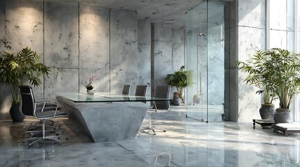 A minimalist ultra-modern office with a glass conference table, designer chairs, concrete walls, and green indoor plants