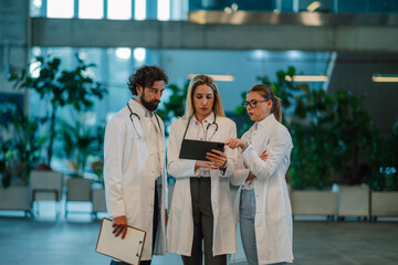 Medical team using digital tablet, discussing patient data in hospital lobby