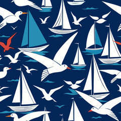 Silhouetted sailboats and seagulls pattern
