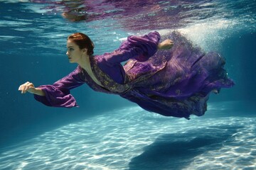 Woman in purple dress swims underwater sunlight dappling the pool floor