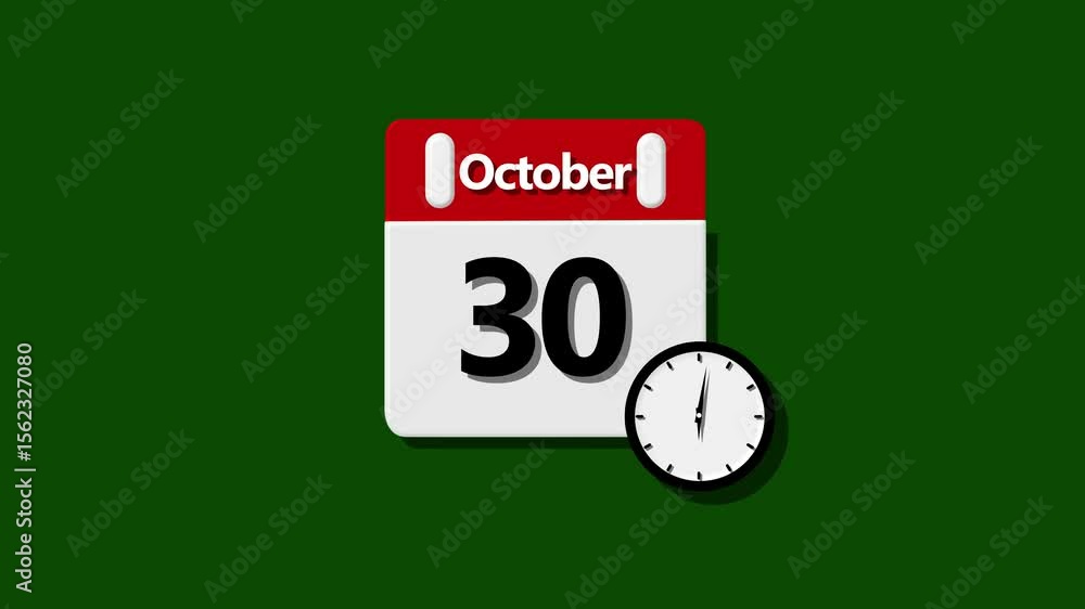 Poster october month 30 date calendar icon animation. simple red and white calendar icon with the number an