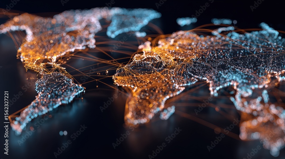 Poster abstract world map visualization with network connections, global communication and technology conce