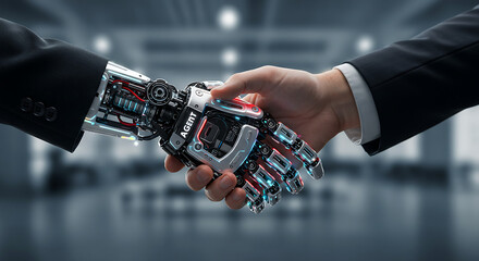 Business handshake between human and robot, highlighting collaboration and future technology integration