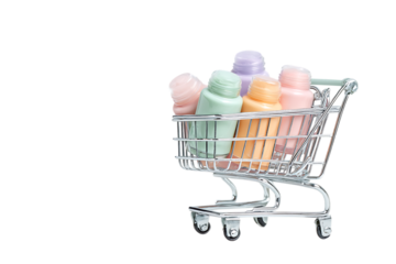 Pastel colored bath bombs in a miniature shopping cart.