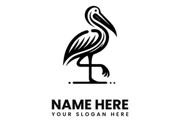 Minimalist black and white logo of a pelican standing on one leg, with text placeholders below.