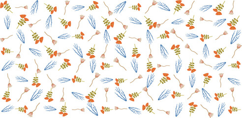 Seamless floral pattern with a subtle textile-inspired texture, combining soft botanical elements with a natural woven feel. Features hand-drawn flowers and organic leaves arranged