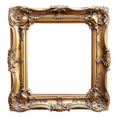 Ornate square golden frame with intricate baroque-style carvings and decorative floral and scroll motifs, isolated on white background, transparent background.