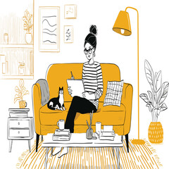 Creative woman relaxing on a sofa in a cozy home interior, writing or drawing, with cat, plants, and lamp for a modern lifestyle design.
