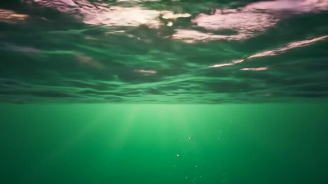 Split-level view of the ocean, showing the sky and underwater world.