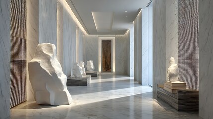 Obraz premium A minimalist white marble hallway with soft recessed lighting, contemporary sculpture pieces, and polished stone surfaces