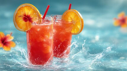Two vibrant hibiscus cocktails with orange slices and red straws, tropical poolside scene, summer refreshment concept for vacation, party, or beverage advertisement