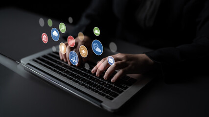 Set of business and digital service icons representing finance, cloud, analytics, email,...
