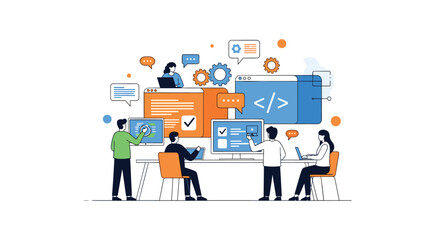 Diverse team of professionals collaborating on innovative digital projects using advanced technology and development tools