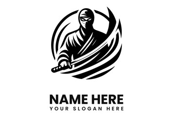 A stylized black and white illustration of a masked ninja holding a weapon.