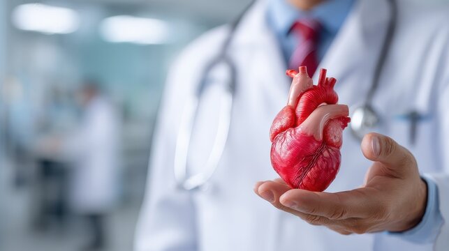 Cardiovascular disease doctor or cardiologist holding red heart in clinic or hospital exam room office for csr professional medical service, cardiology health care and world heart health day concept