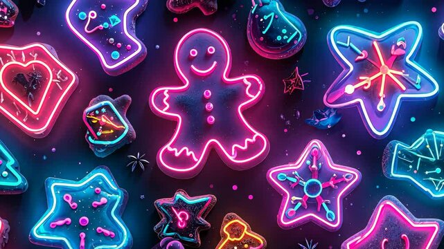 Neon christmas cookies glowing in festive pattern.