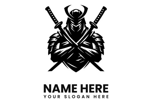 A stylized illustration of a samurai warrior with crossed swords in the background.