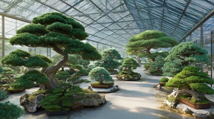 A collection of different bonsai species displayed in a greenhouse.
