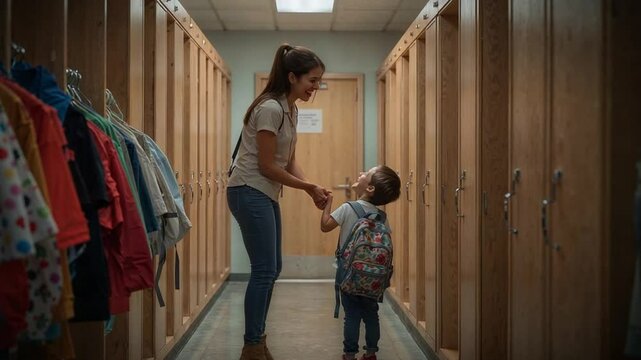 Preschool Teacher Assisting Child with Backpack

