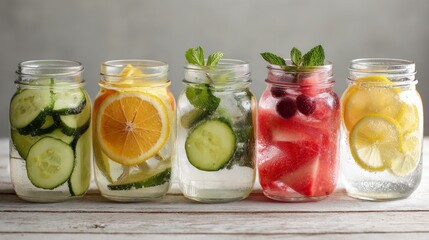 Fototapeta premium Colorful infused waters with fruits and herbs in mason jars on wooden table, concept of healthy hydration