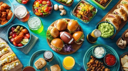 Colorful football-themed feast with diverse dishes. Assorted game day foods and beverages on vibrant blue table. Concept for festive sports gatherings.