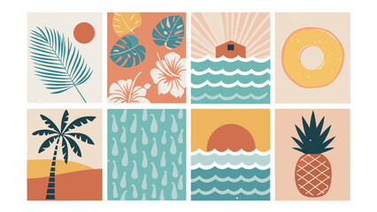 Eight Mid Century Modern Summer Illustrations Tropical Leaves Beach Pineapple