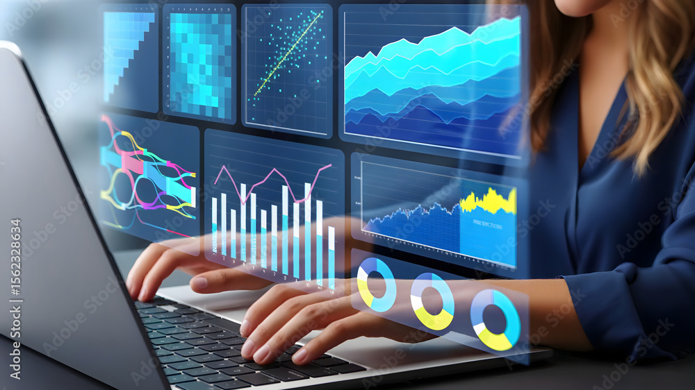 Poster marketing analysis dashboard showing customer behavior data, statistical web analytics, and predicti