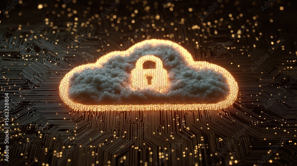Poster a digital illustration of a cloud symbol with a padlock, representing cloud security and data protec
