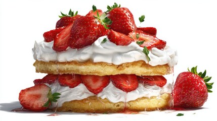 A beautifully layered strawberry shortcake with fresh whipped cream and juicy strawberries on top, isolated white background,