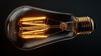 Close-up of a vintage light bulb glowing warmly against a dark background, showcasing its intricate filament design.