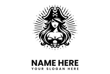 A stylized female pirate captain logo,  with long hair, a tricorn hat, and a skull and crossbones.