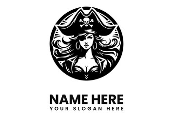 A stylized black and white illustration of a female pirate, centered in a circular design.
