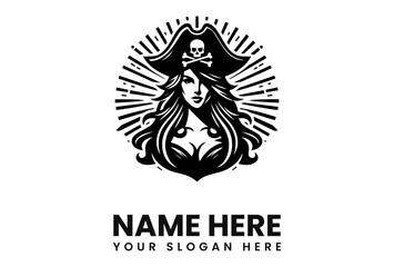 A stylized logo featuring a beautiful female pirate with long hair, wearing a tricorn hat adorned with a skull and crossbones, encircled by sunburst rays.
