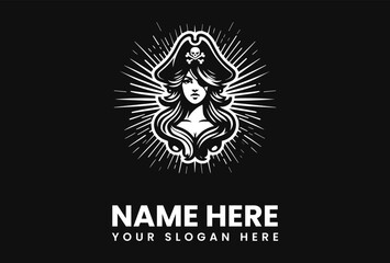 Elegant female pirate logo design, monochrome, sunburst background.