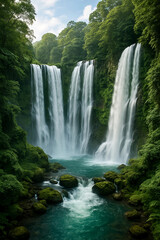 Fototapeta premium Majestic Multi-Tier Waterfalls Flowing into Turquoise Pool in Lush Tropical Forest