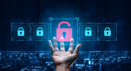 Digital security concept illustrating a cybersecurity breach, with a red unlocked padlock...