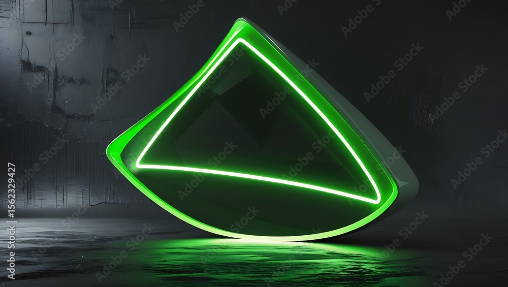 Poster a glowing green triangular shape rests on a dark reflective surface